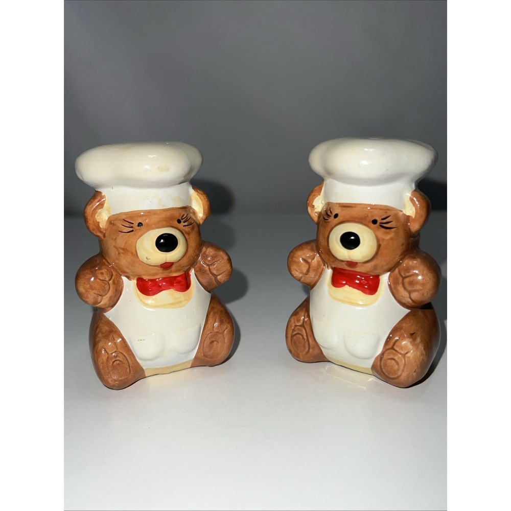 Vintage Chef Teddy Bears Salt And Pepper Shakers Set #F16